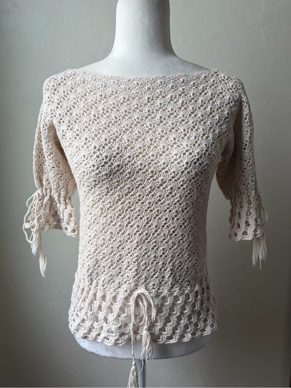 Flair Vintage 70s Cream Crochet Bell Sleeve Top 100% Cotton Medium